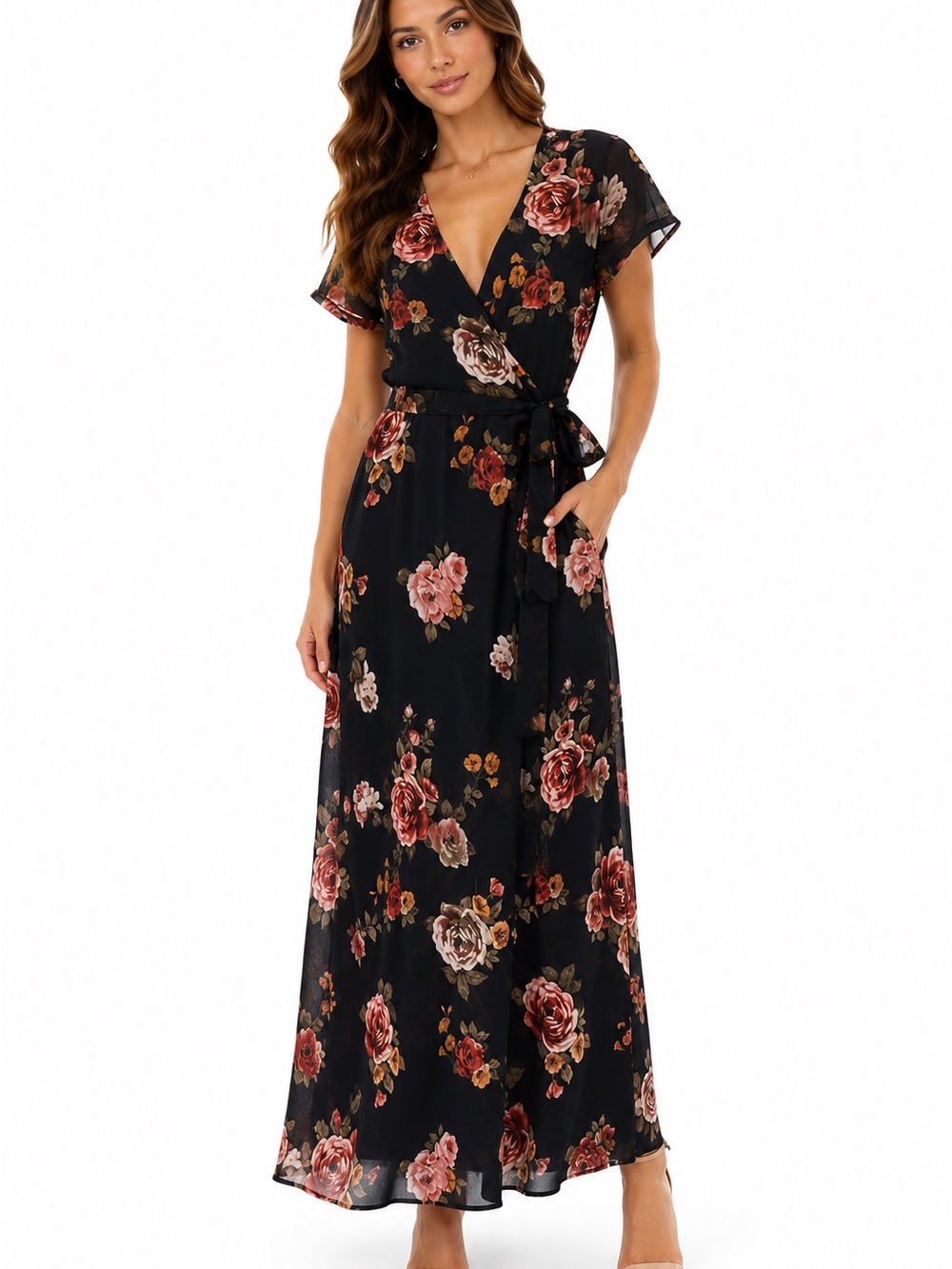 Olivaceous Black Floral Wrap Maxi Dress with Pink & Red Roses